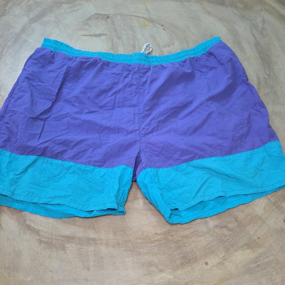 Vintage Eddie Bauer Men's Purple and Teal Swim Trunks